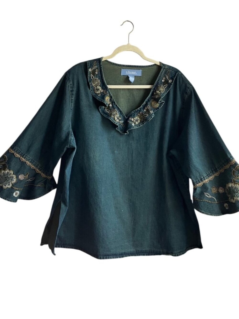 Vintage Liz & Me 3X-4X Denim Floral Embroidered Tunic Shirt Bell Sleeves Boho*R